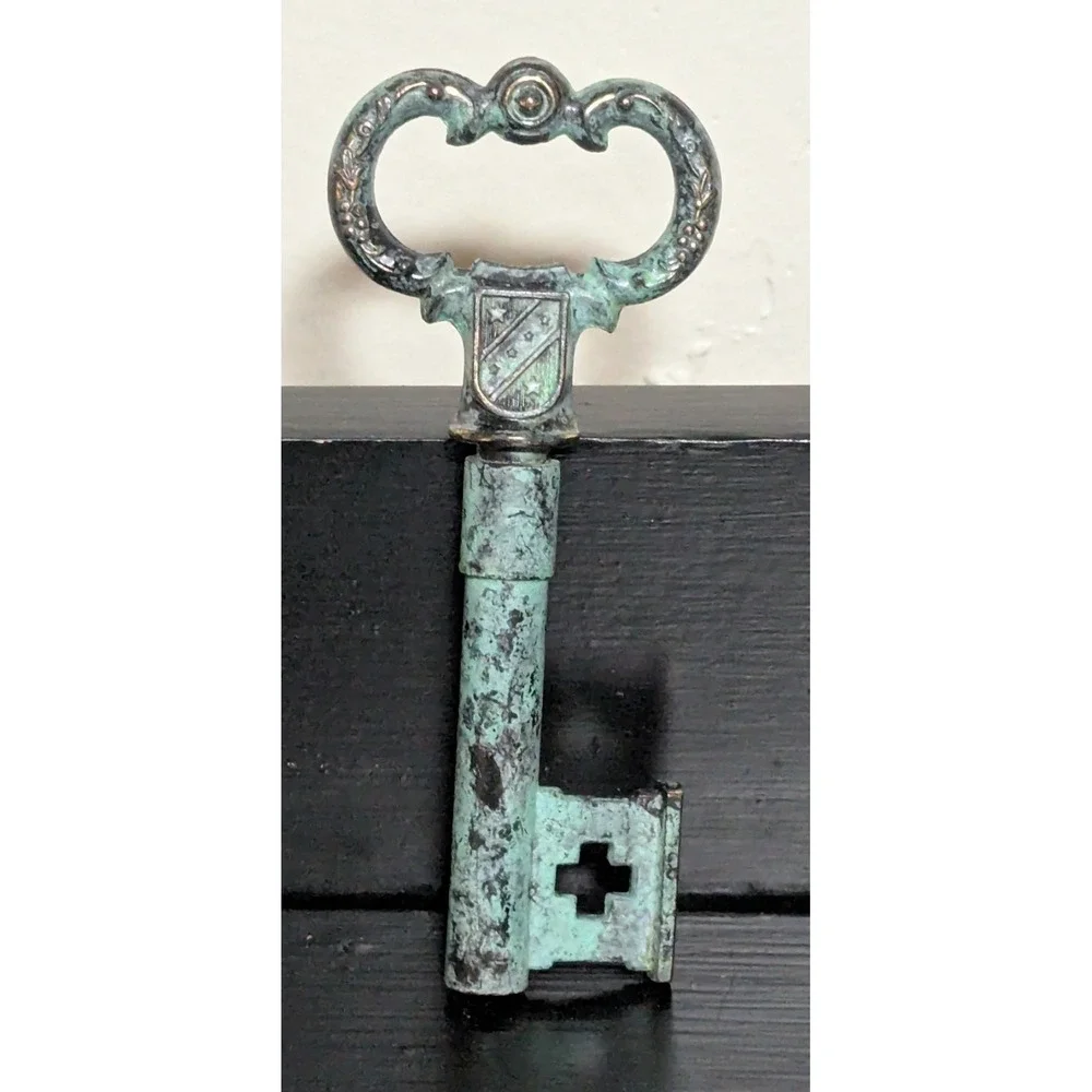 Vintage 1970s Brass Skeleton Key Corkscrew and Bottle Opener Heavily Oxidized‎